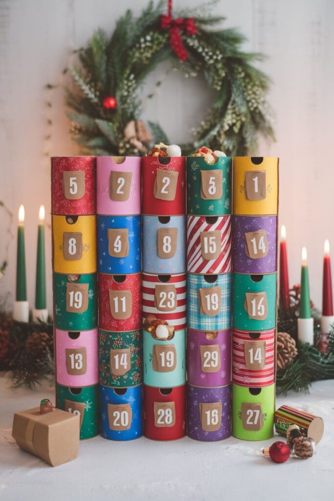 Creative advent calendar made from upright cardboard rolls, each decorated and numbered, filled with treats for a holiday countdown