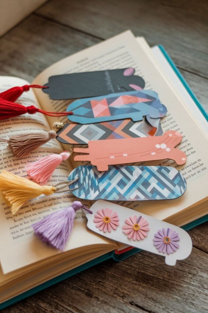 Creative paper bookmarks in animal and geometric shapes with tassels