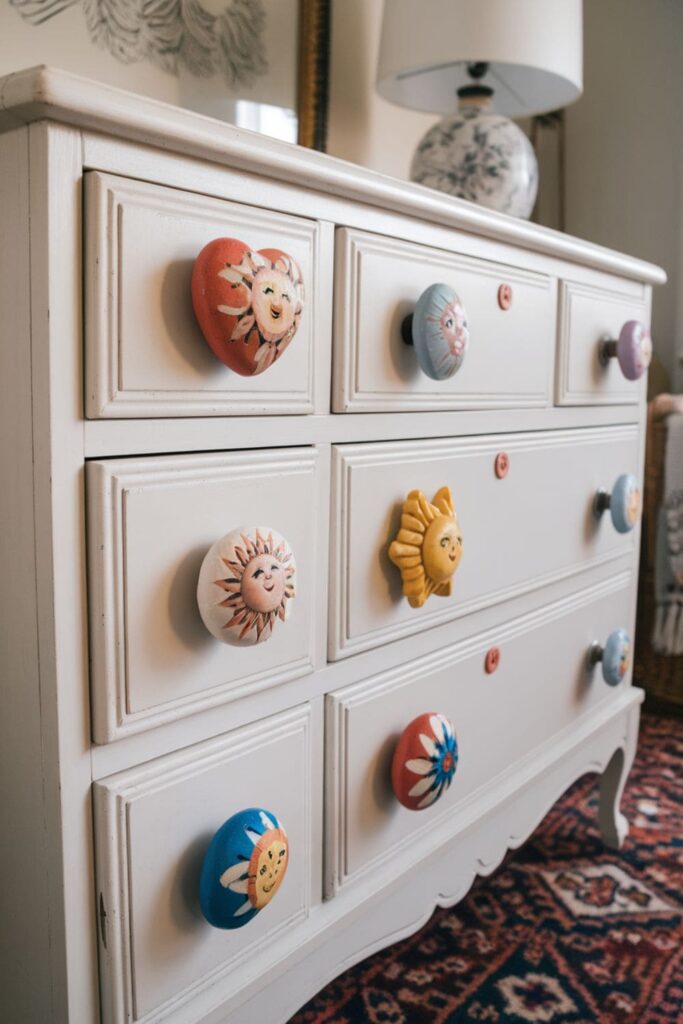 Custom clay drawer knobs on a wooden dresser