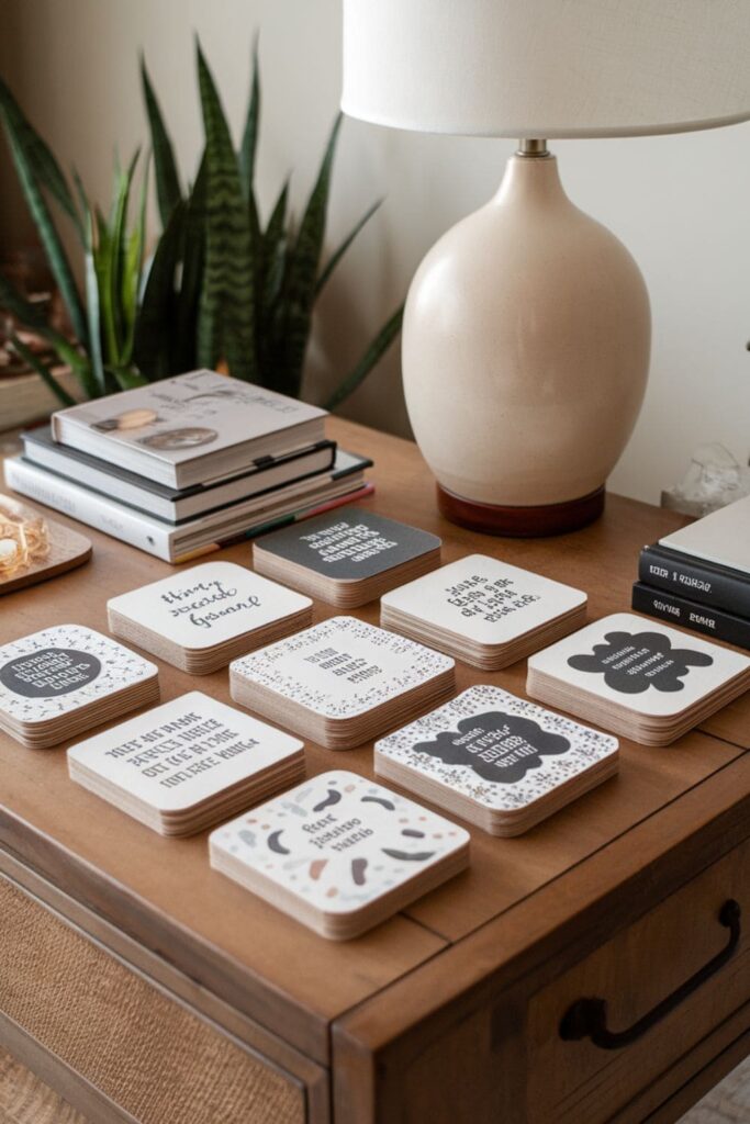 Custom-designed paper coasters made from thick cardstock featuring unique patterns or quotes, arranged neatly on a coffee table