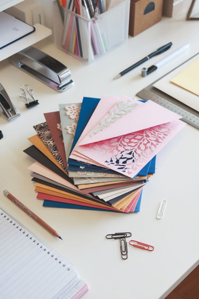 Custom-made decorative paper envelopes in various colors and patterns stacked on a desk next to stationery and pens