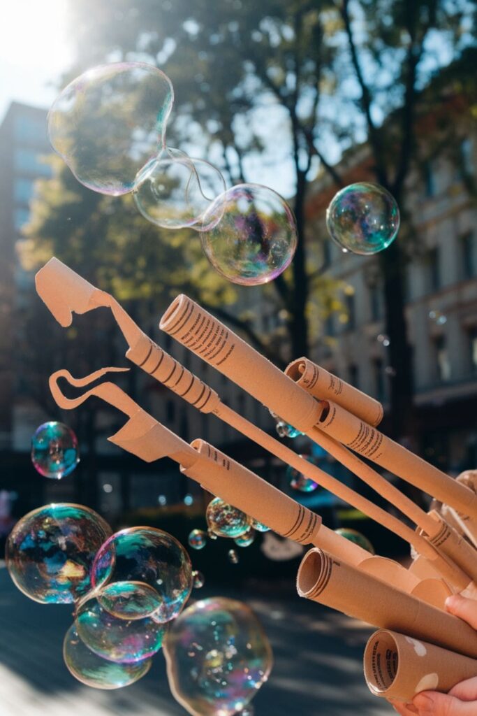 DIY bubble wands made from cardboard rolls with uniquely shaped ends, dipped in bubble solution, creating unusual bubbles outdoors