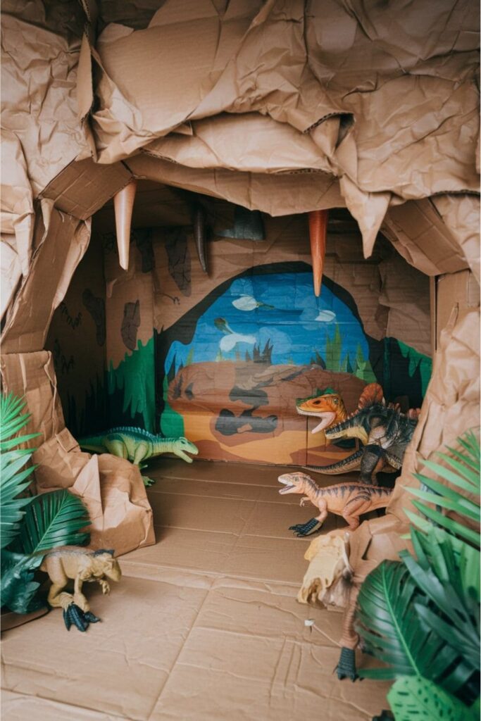 DIY cardboard dinosaur cave with rocky textures, stalactites, cave drawings, and toy dinosaurs surrounding the entrance, with kids exploring inside