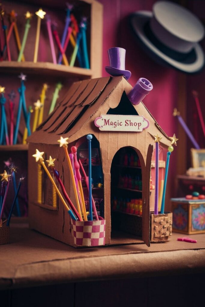 DIY cardboard magic shop with wands, top hats, trick boxes, and a small stage where a child is performing magic tricks