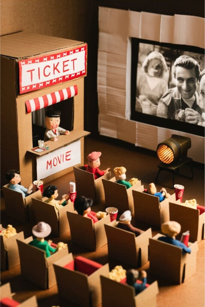 DIY cardboard movie theater with a ticket booth, rows of box seats, a white screen, and kids pretending to watch a show with toy snacks