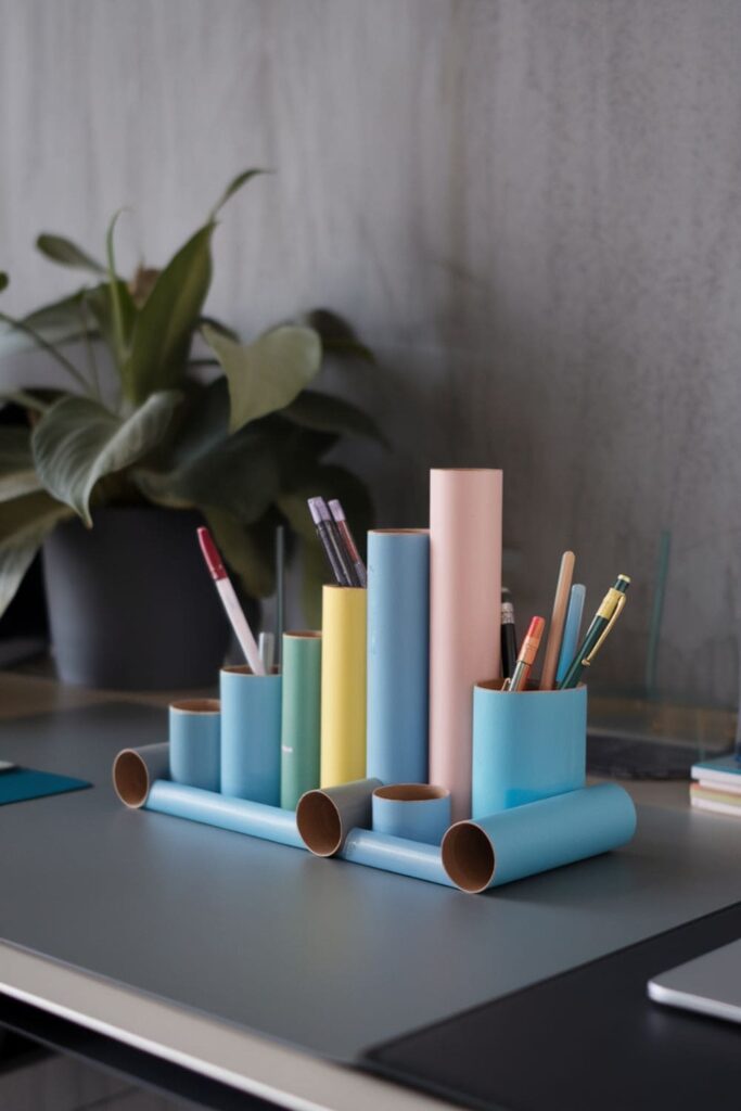 DIY desk organizer made from painted cardboard rolls of different heights, neatly holding pens and pencils on a tidy workspace