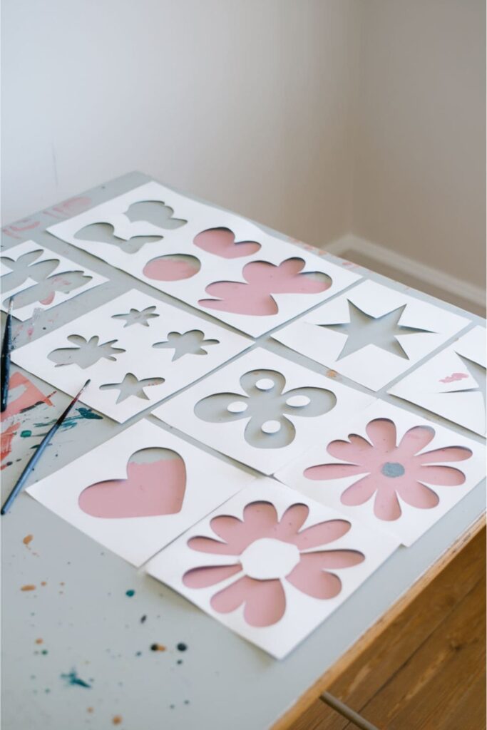 DIY paper stencils cut into fun shapes laid out on a table surrounded by paintbrushes and paint splatters