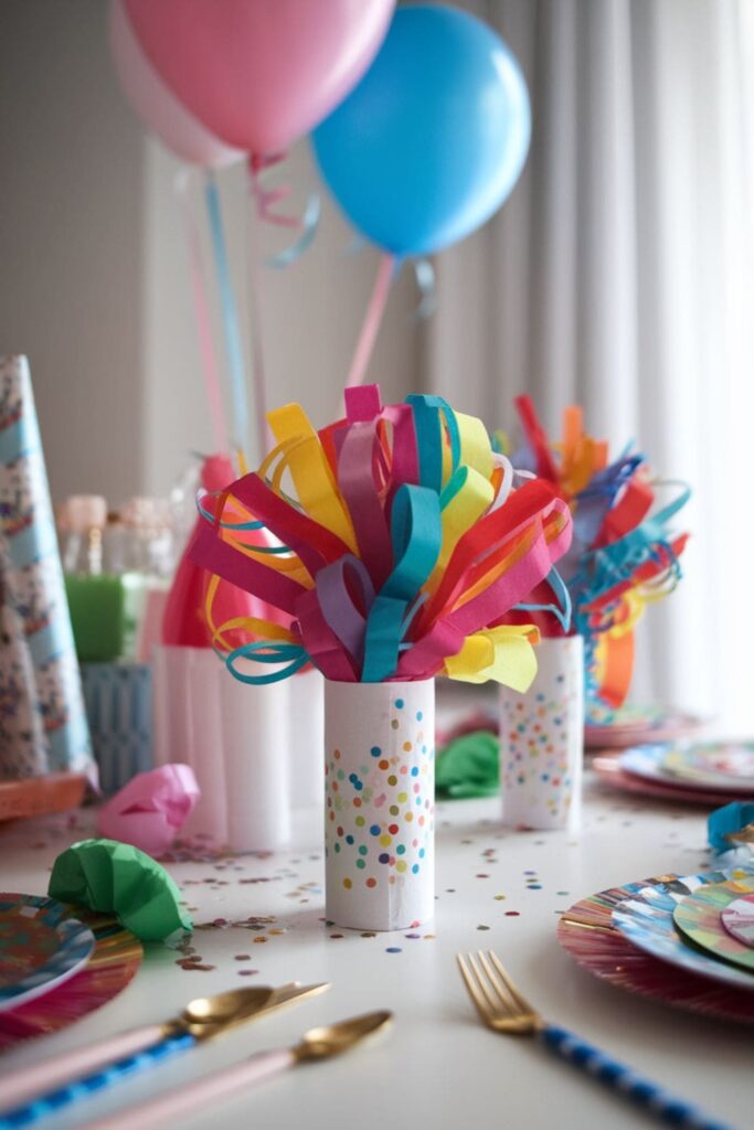 DIY party blowouts crafted from cut paper towel rolls, decorated with bright colors and crepe paper, arranged on a festive party table