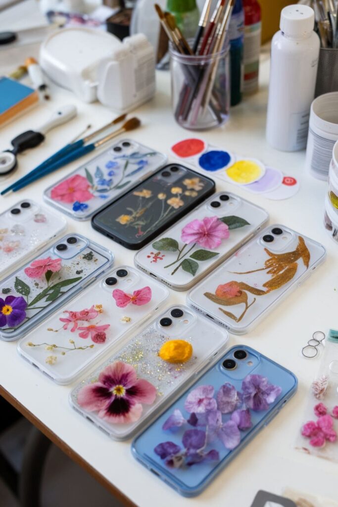 Decorated clear phone cases with pressed flowers and paint