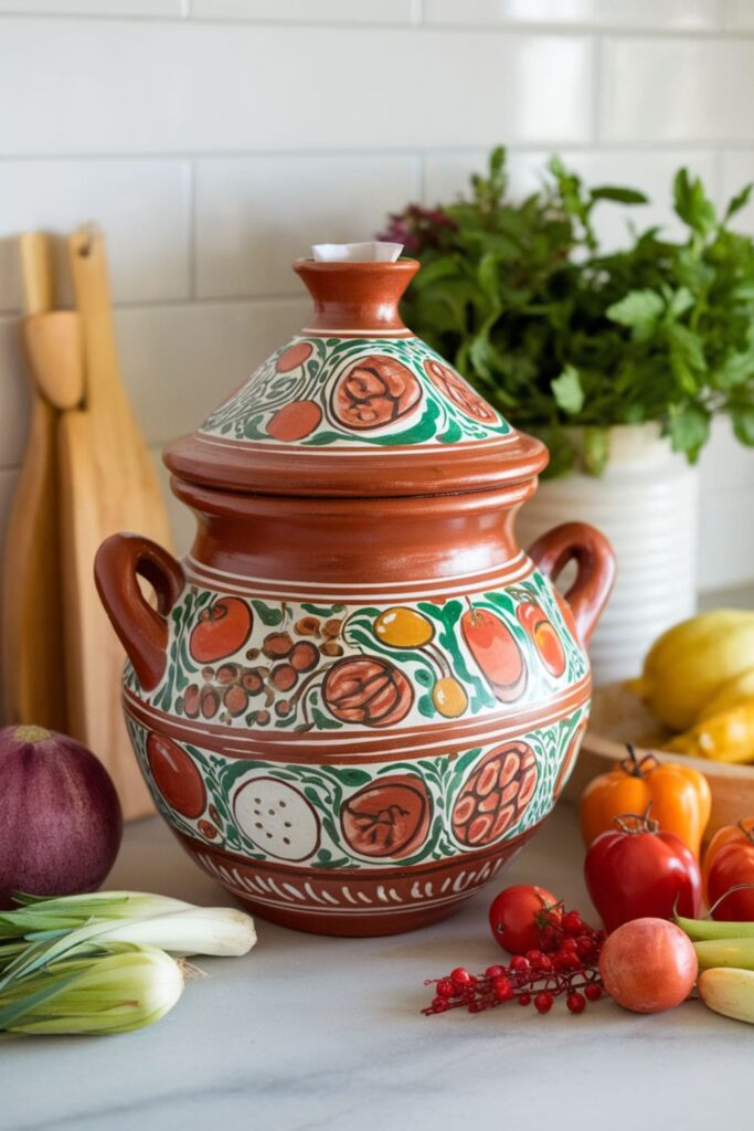 Decorative clay pot for compost with a lid and food designs