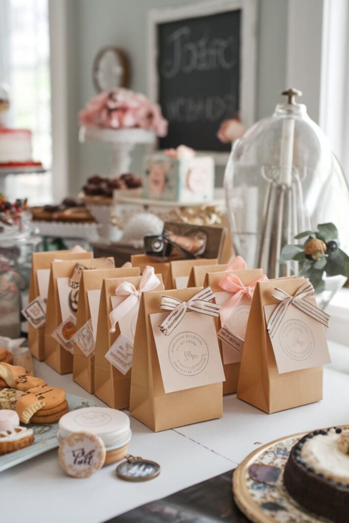 Decorative paper bag party favor bags tied with ribbon, arranged on a festive table