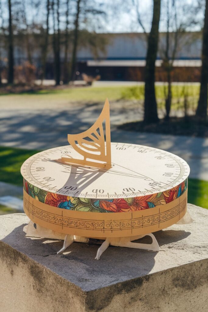 Decorative paper sundial with hour markers under sunlight