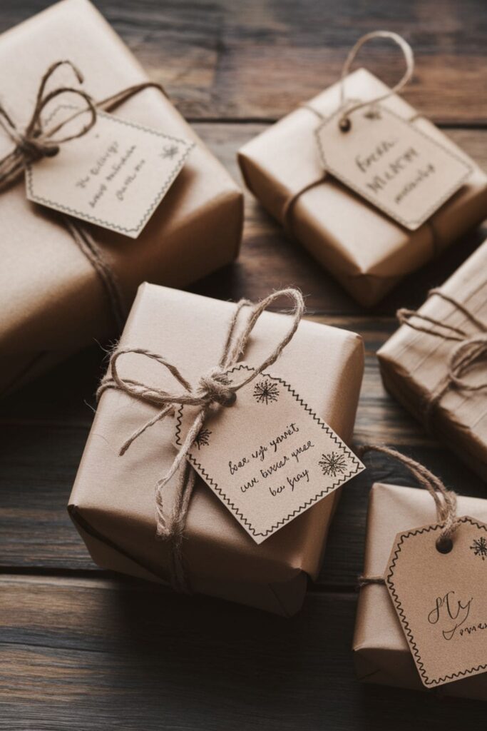 Eco-friendly paper bag gift tags tied with twine on wrapped presents