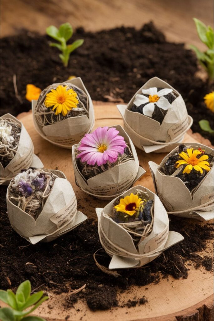 Eco-friendly seed bombs made from seed paper and flower seeds displayed on a wooden surface alongside soil and small plants