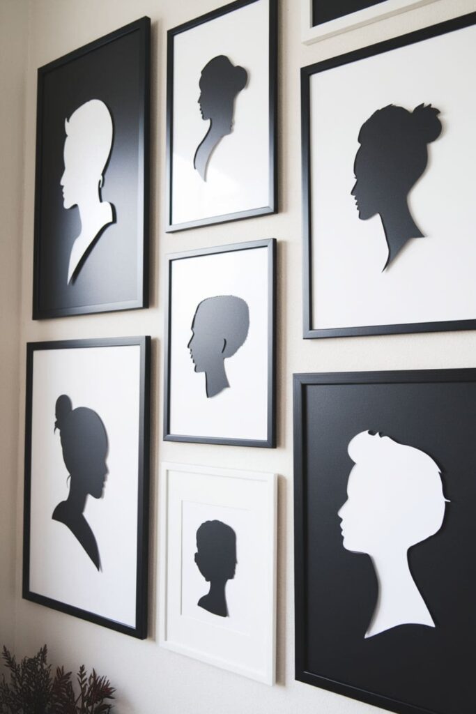 Elegant paper portrait silhouettes on black-and-white backgrounds