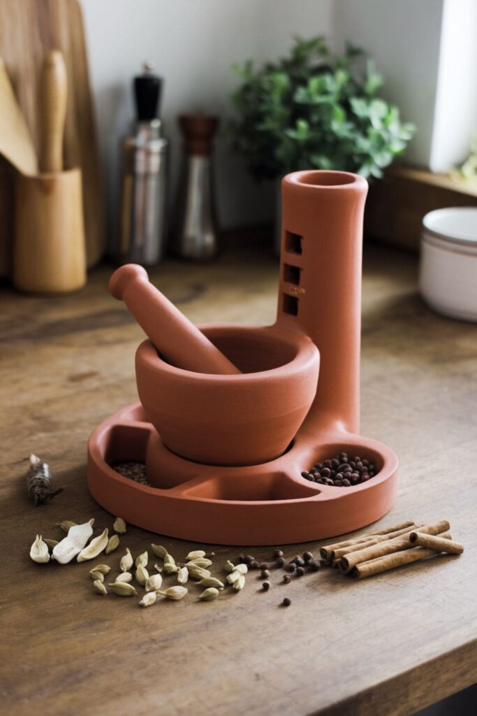 Ergonomic clay mortar and pestle with spill-catching and spice storage