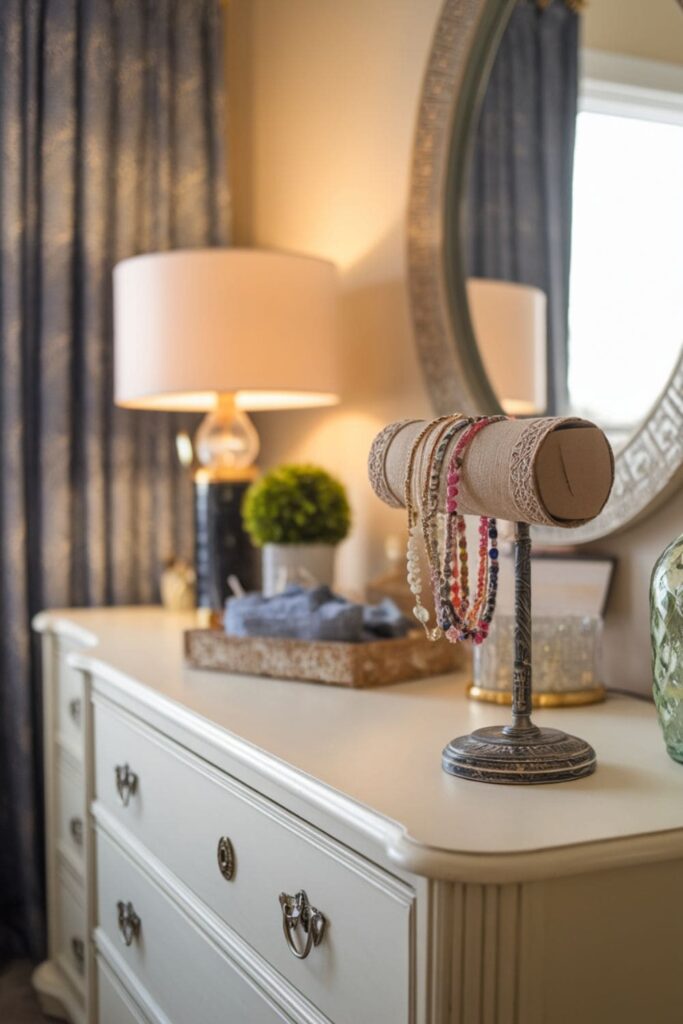 Fabric-covered cardboard roll mounted on a decorative base, used as a stylish bracelet holder on a bedroom dresser