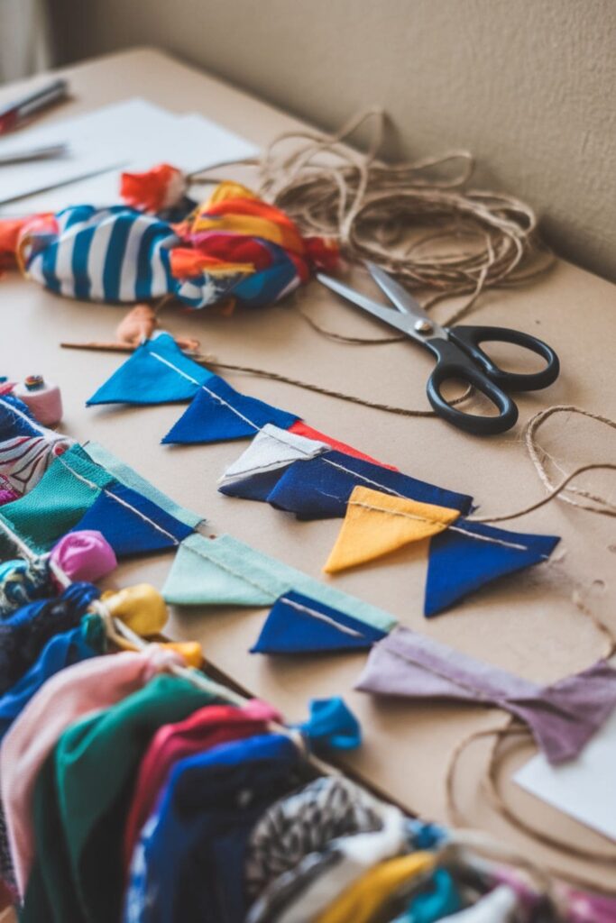 Fabric scraps cut into banners and strung together with twine