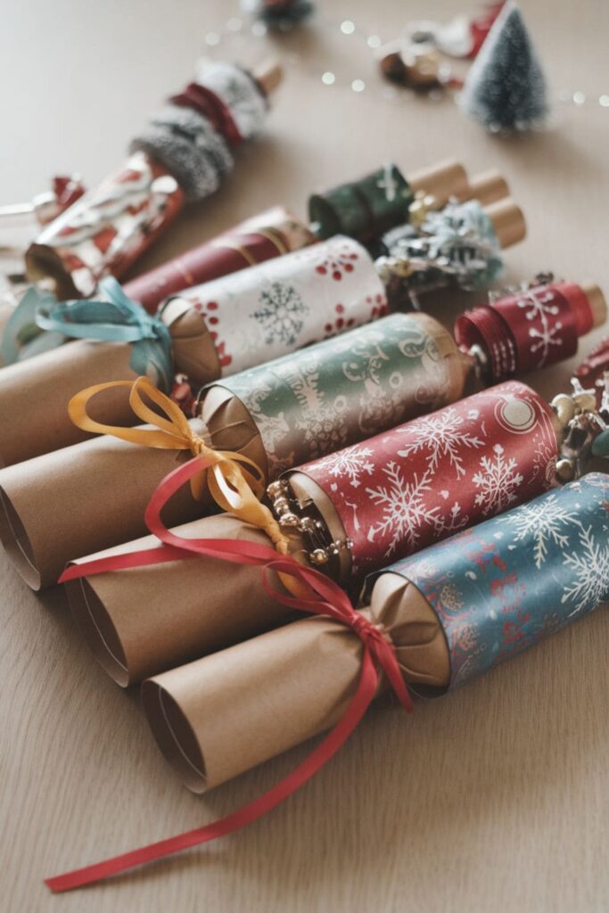 Festive holiday crackers made from cardboard rolls, wrapped in decorative paper with ribbons and small gifts spilling out