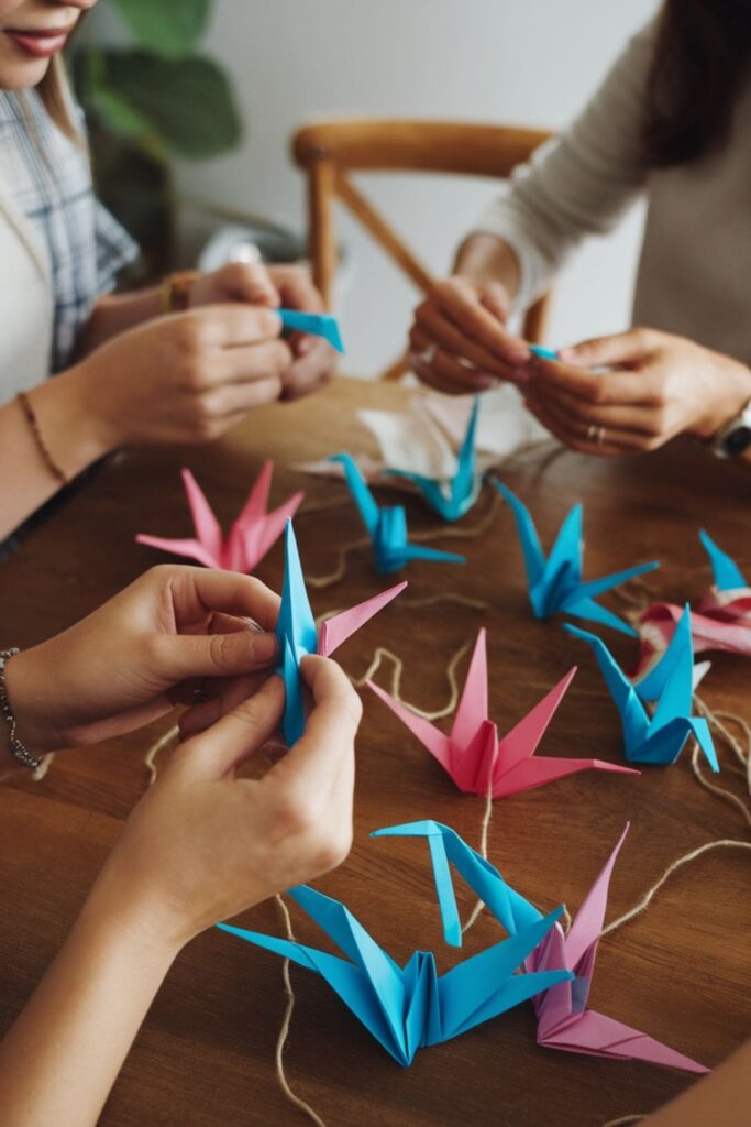 Folded paper origami shapes arranged into garlands