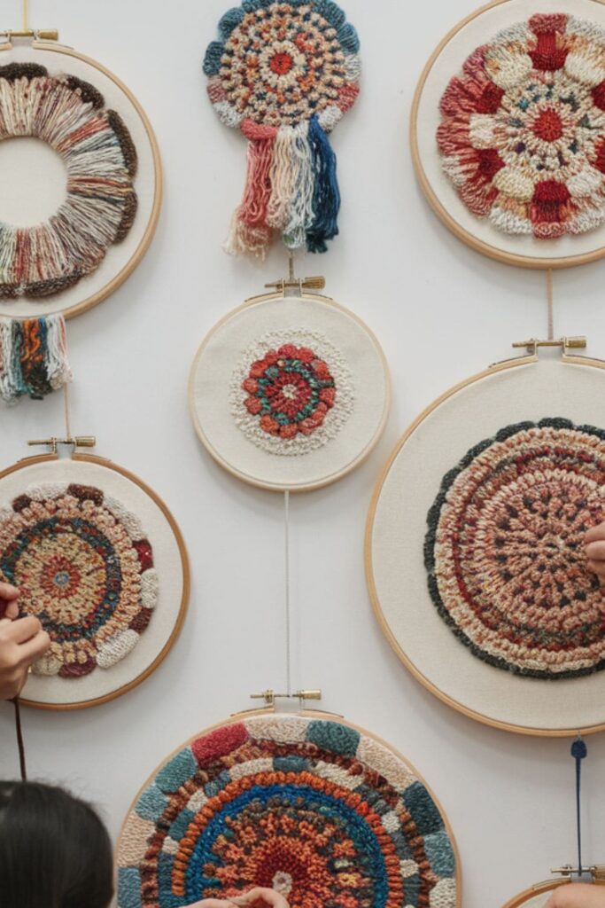 Friends crafting fabric wall hangings with embroidery hoops and threads