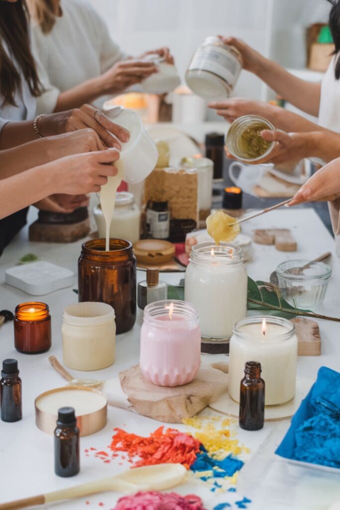 Friends creating candles with melted wax, jars, and custom scents