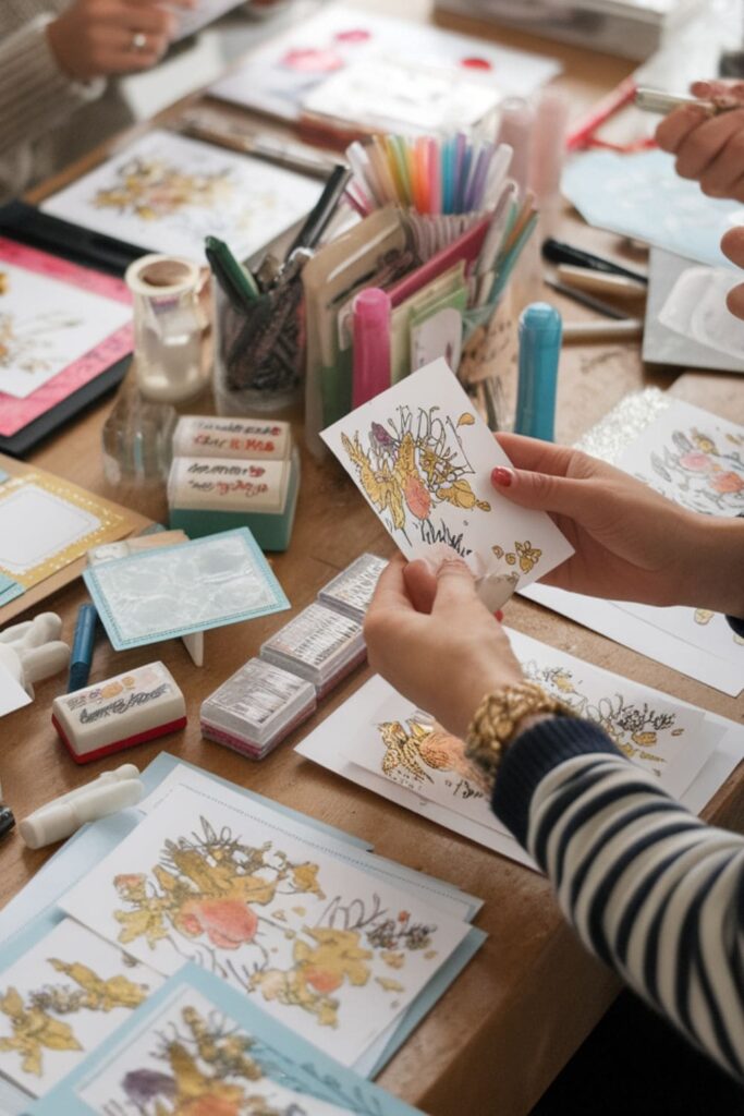 Friends designing handmade greeting cards with colorful materials