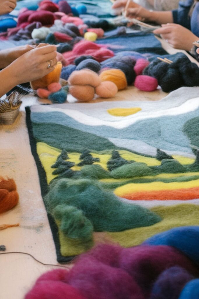 Friends making wool tapestries with colorful needle-felting techniques