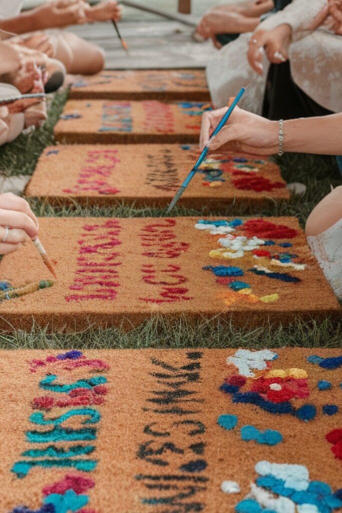 Friends painting colorful designs on coir doormats