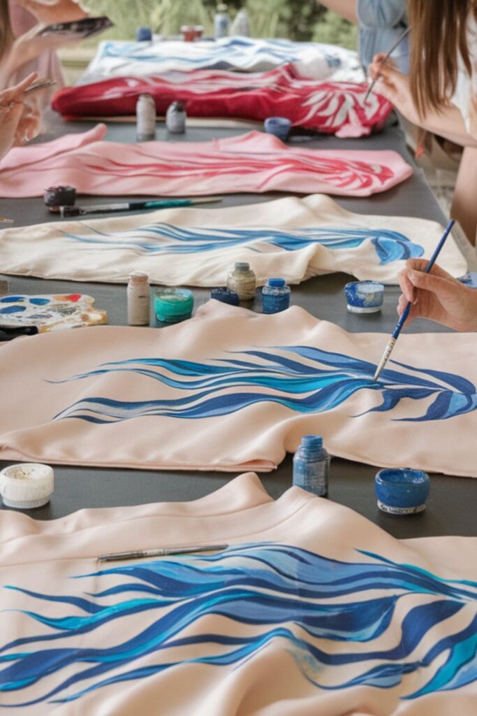 Friends painting silk kimonos with vibrant, flowing designs