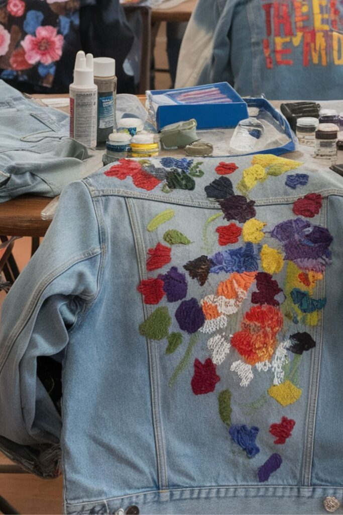 Friends painting unique designs on denim jackets with fabric paints