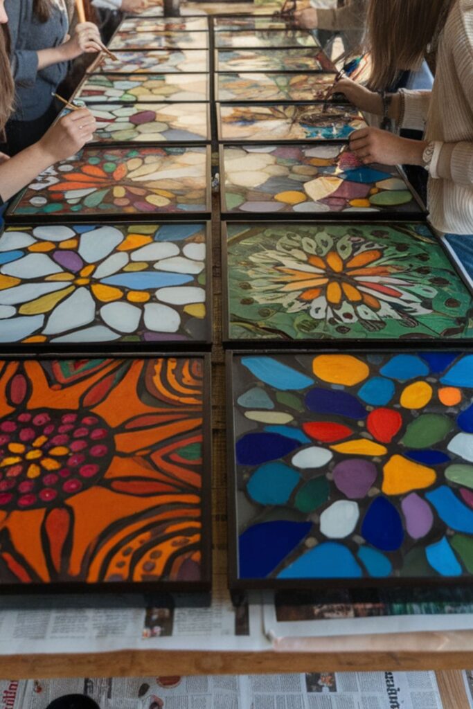 Friends painting vibrant designs on multi-panel glass pieces