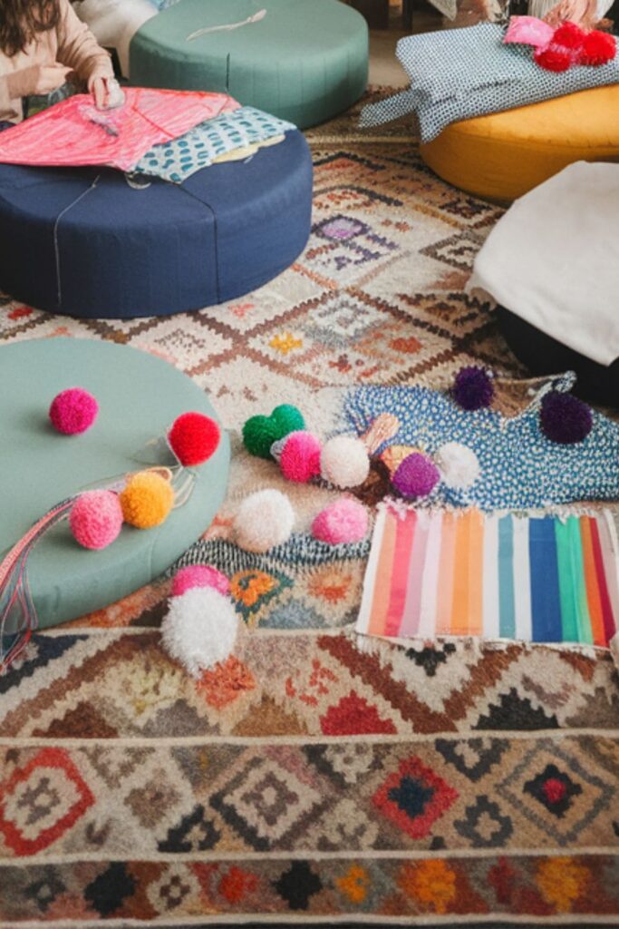 Friends sewing colorful oversized fabric floor cushions