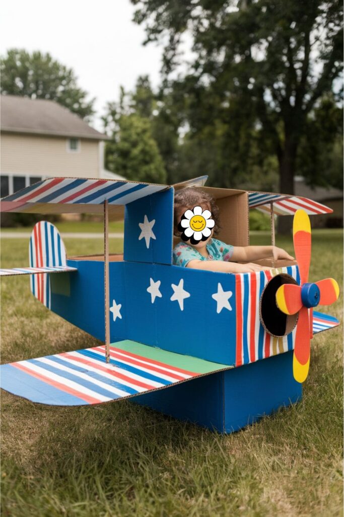 Fun cardboard airplane decorated with bright colors, featuring wings, a propeller, and a child sitting inside pretending to fly