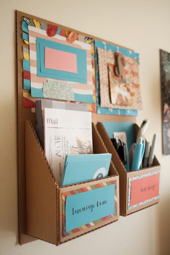 Functional cardboard wall organizer with compartments for mail and pens, decorated with colorful paper and hanging on a wall