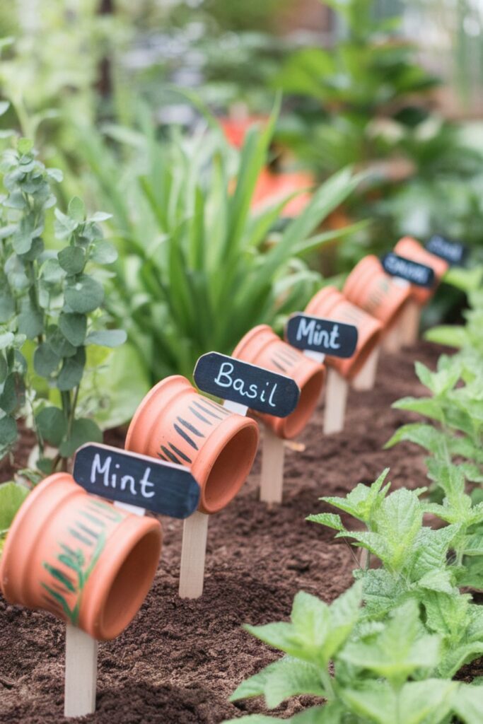 Mini clay pot garden markers on stakes with plant names