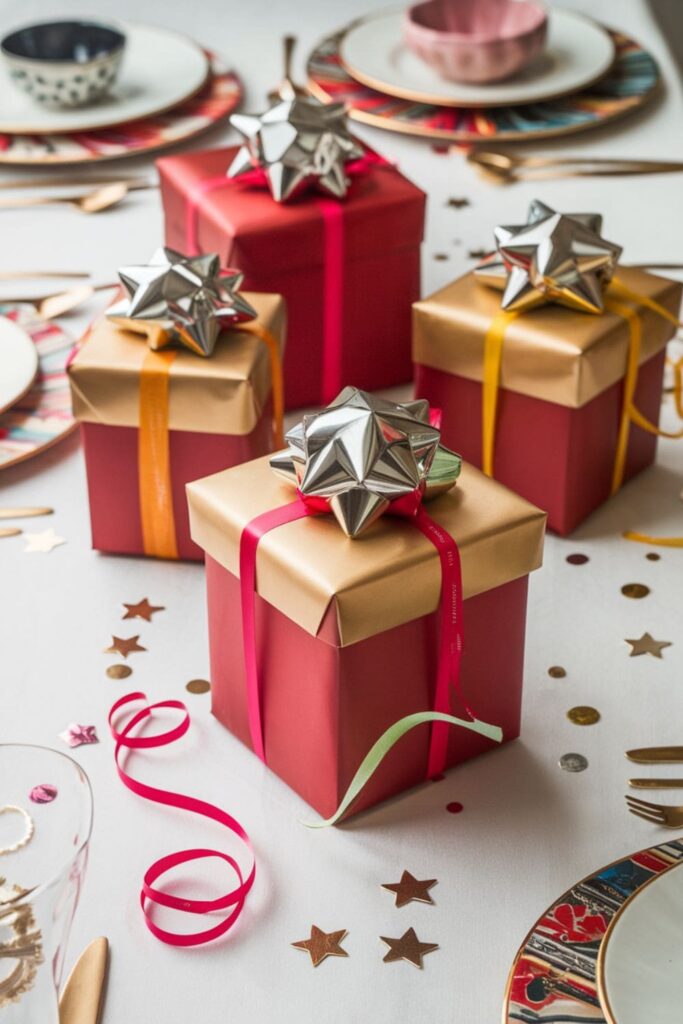 Gift boxes decorated with metallic star toppers and ribbons