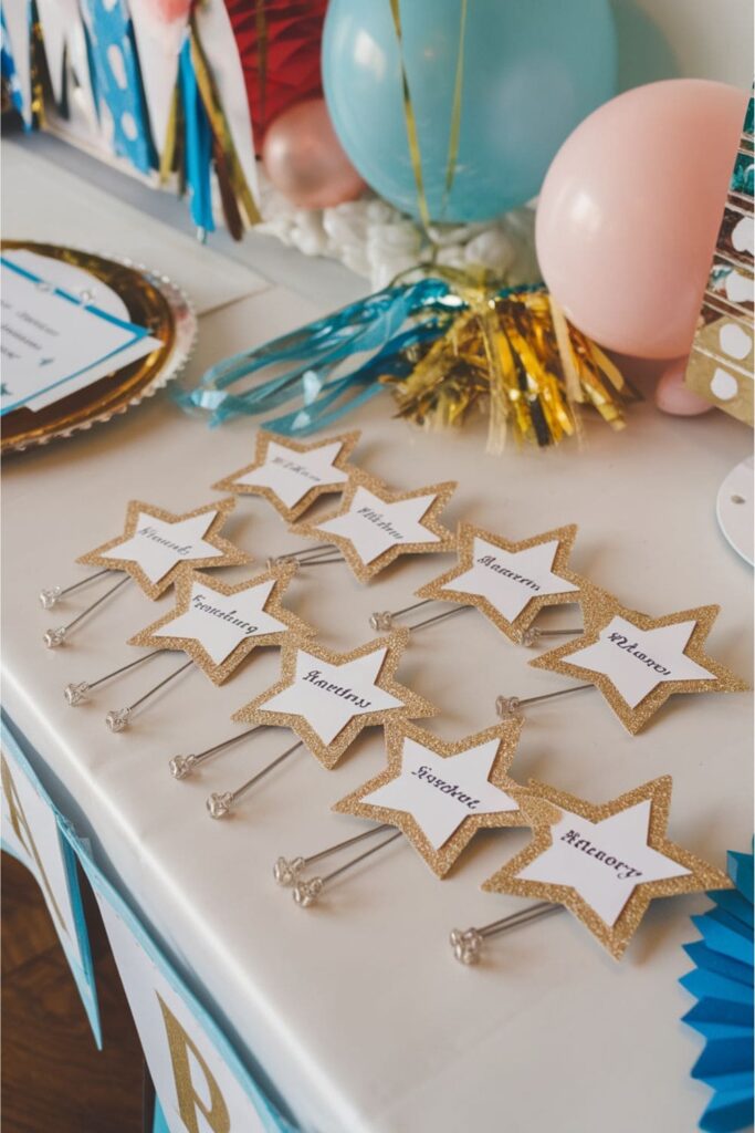 Glittery star name tags with pins on a festive table