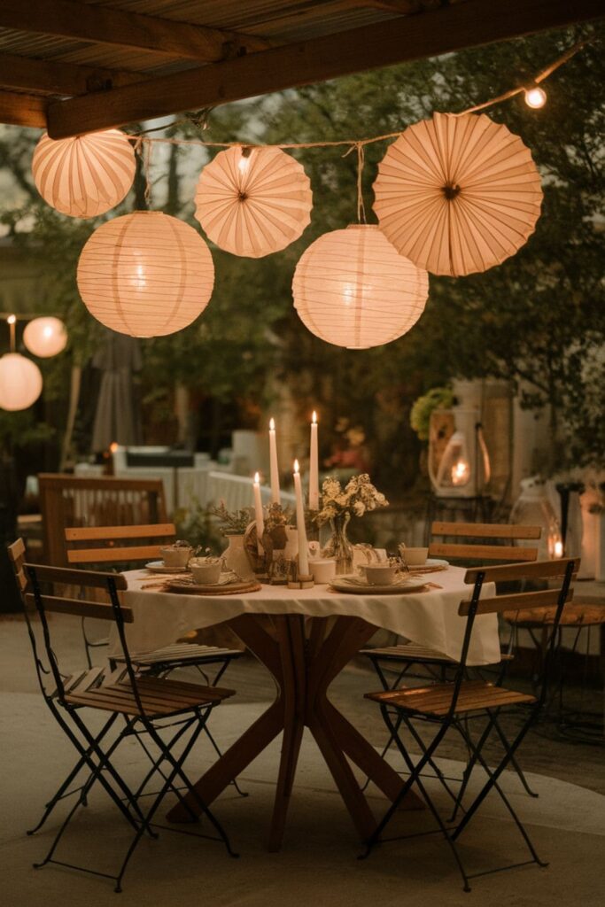 Glowing paper lanterns strung together for party decor