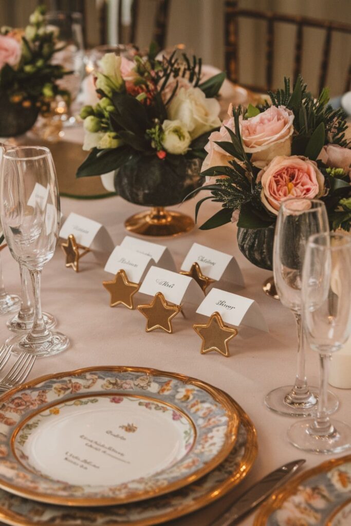 Gold-painted star place card holders on a dinner table