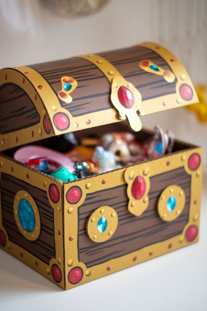 Golden cardboard treasure chest with a curved lid, decorated with jewels and stickers, holding small toys and trinkets