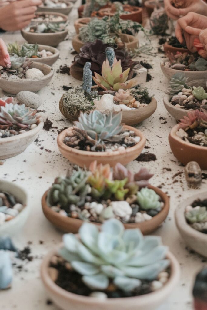 Group creating succulent gardens with plants and decorative rocks