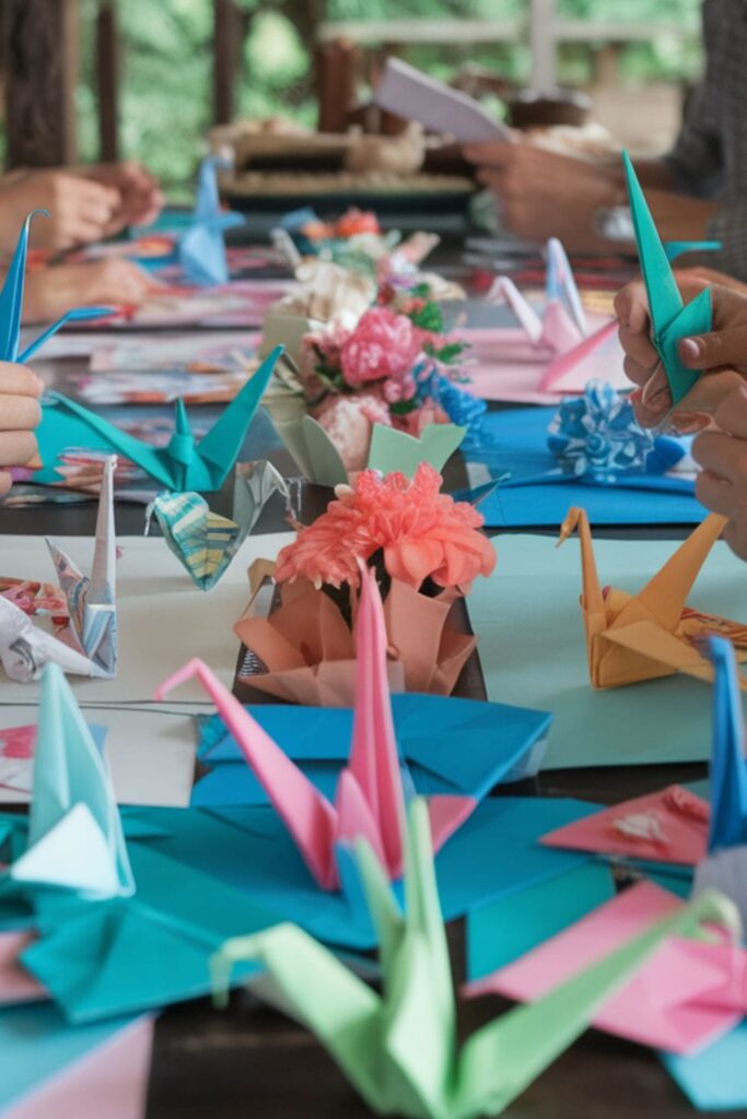 Group folding origami paper into animals and decorative shapes