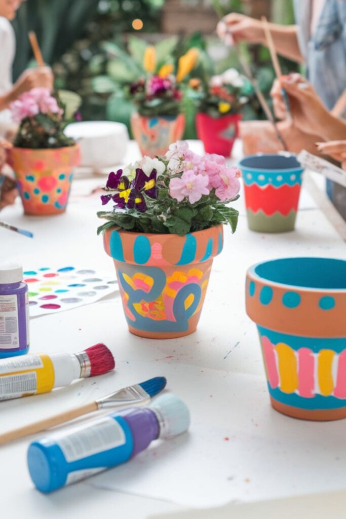 Group painting bright designs on terracotta flower pots