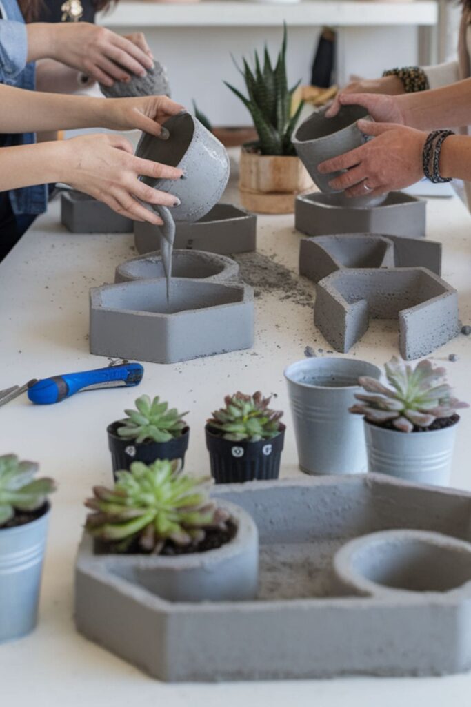 Group pouring concrete into molds to craft modern planters