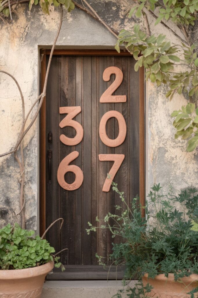 Handmade clay house numbers mounted on a wooden door