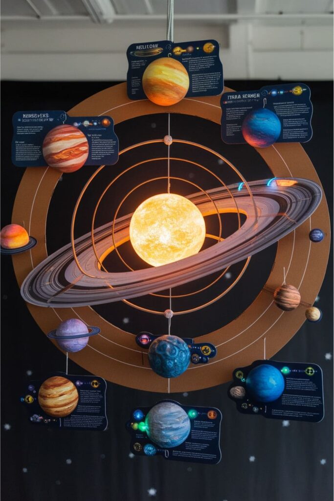 Hanging cardboard solar system model with glowing sun and realistic planets