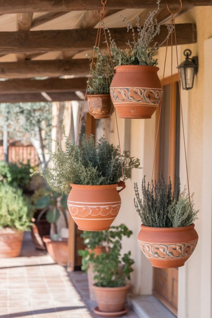 Hanging clay pots with Mediterranean designs and drying herbs