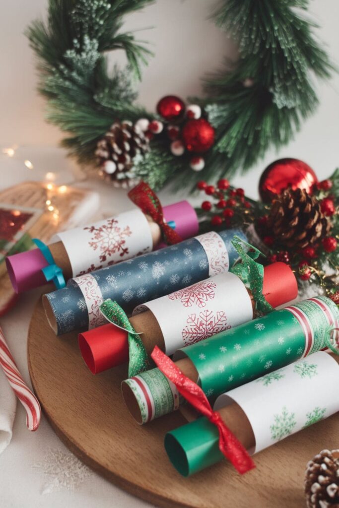 Homemade Christmas crackers made from decorated paper towel rolls, wrapped in colorful tissue paper and tied with festive ribbons