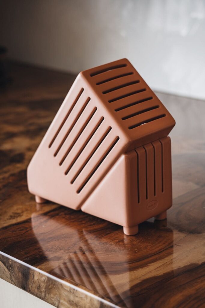 Horizontal clay knife block with angled slots and non-slip feet